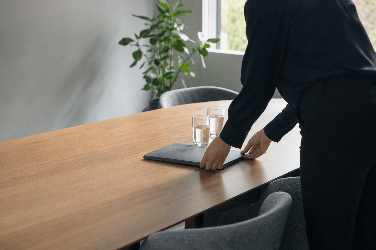 A meeting room set for a property settlement