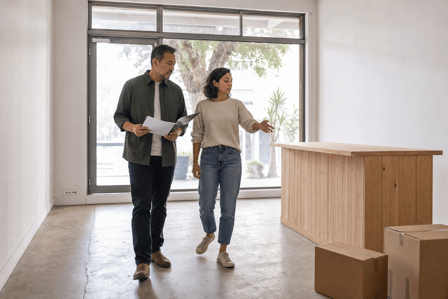 Business owners walking through a commercial space they are leasing