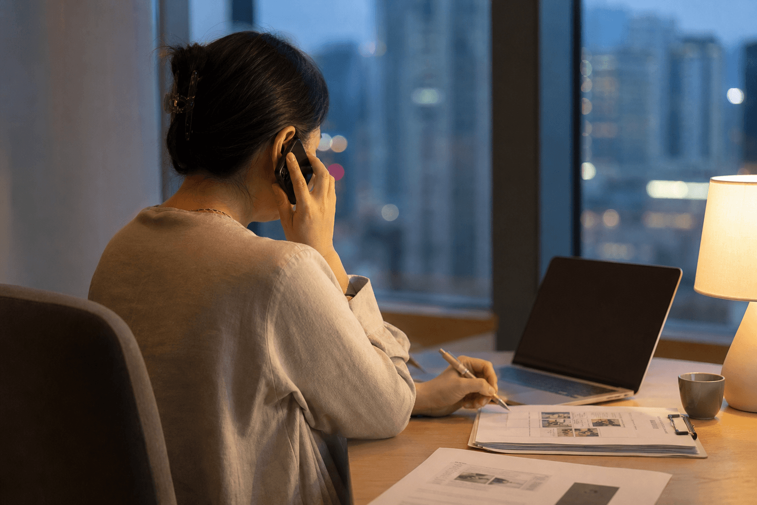 An overseas buyer working through Australian property paperwork from her apartment