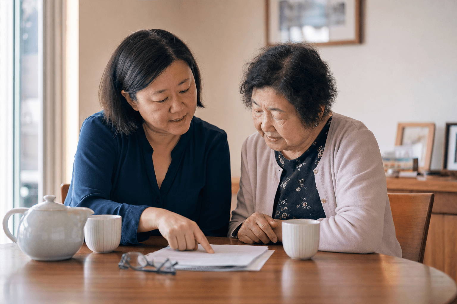 A daughter and her mother reviewing documents together at home