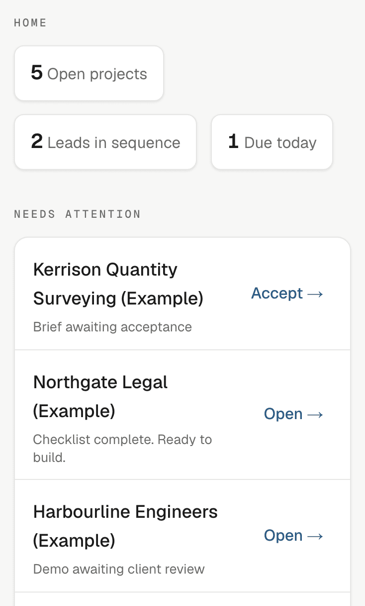 The same system on a phone: the summary counts, then the first three items needing attention