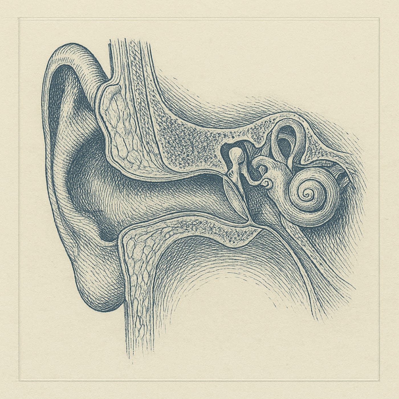 Period-style anatomical engraving of the ear in cross-section.