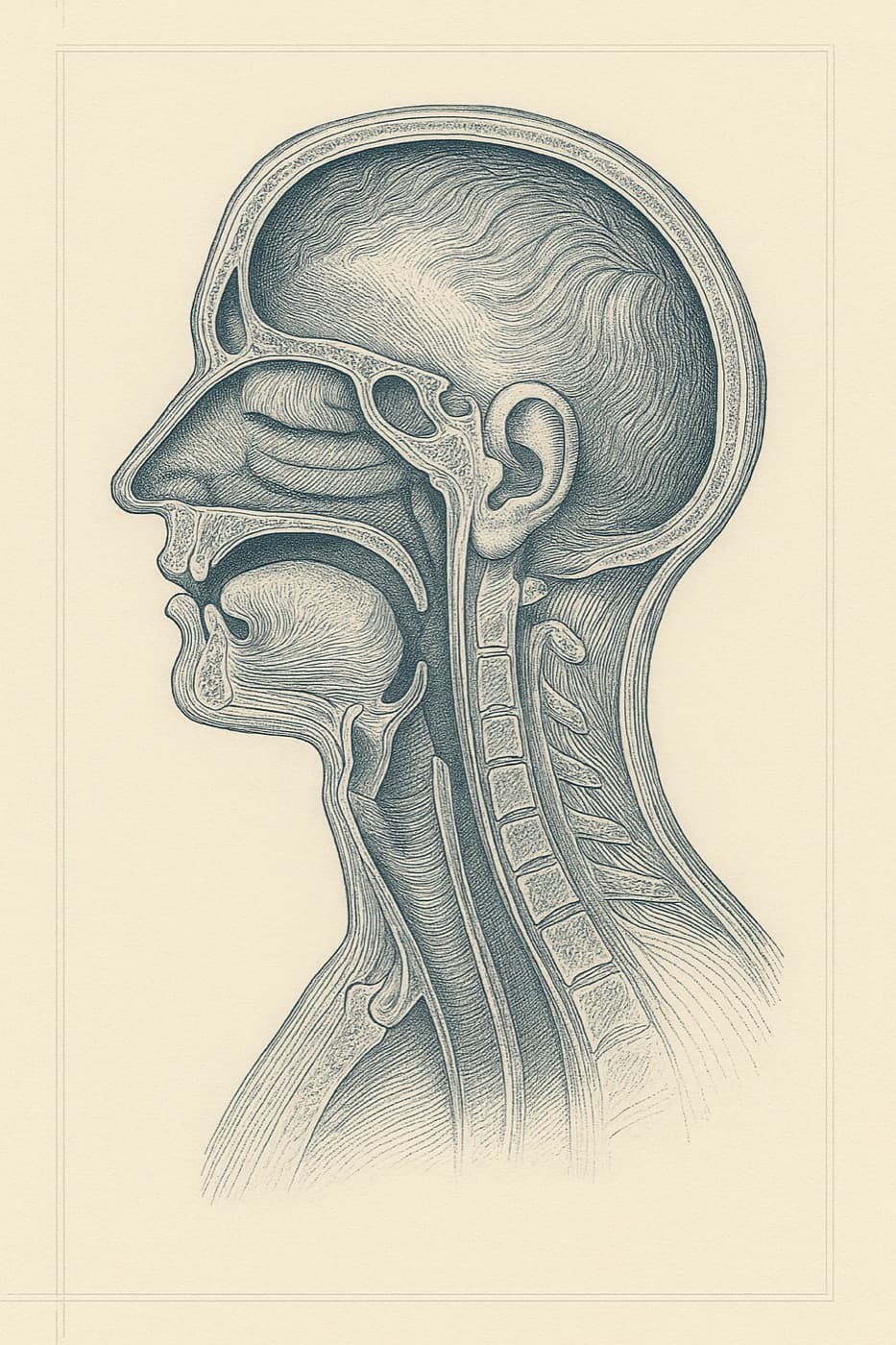 Period-style anatomical engraving of the head and neck in sagittal section.