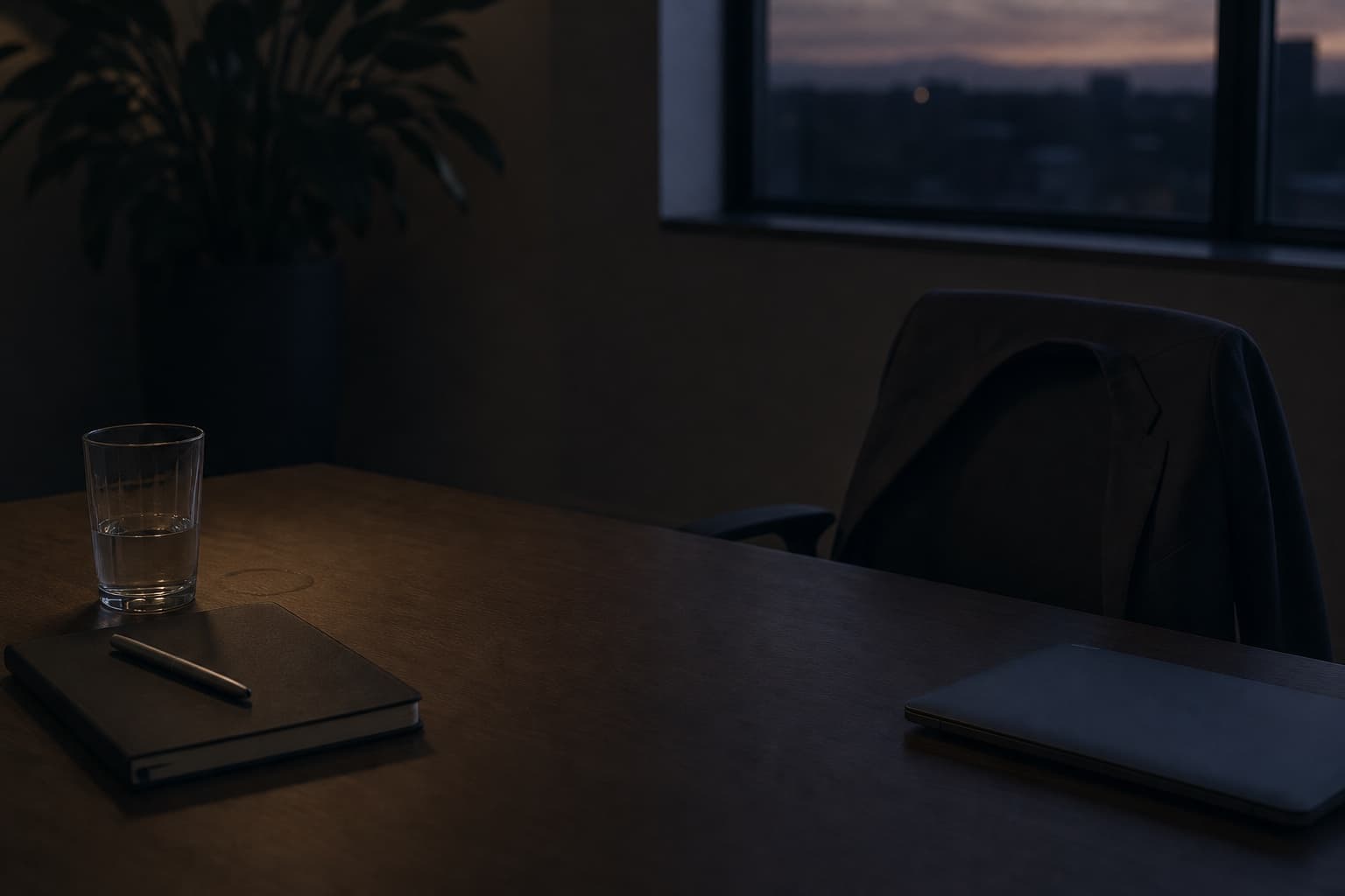 An empty office desk at dusk, a jacket over the chair, the day's shortlist left until morning.