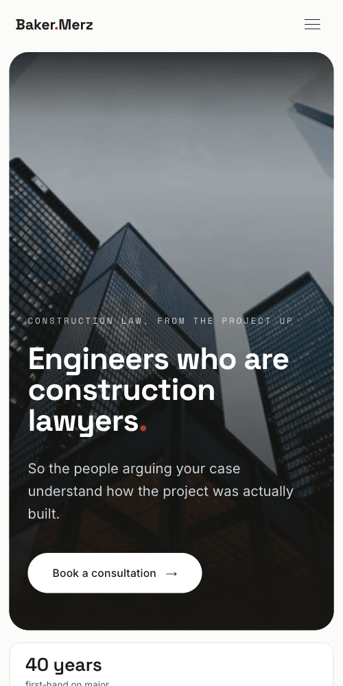 Baker Merz construction-law website on a phone.
