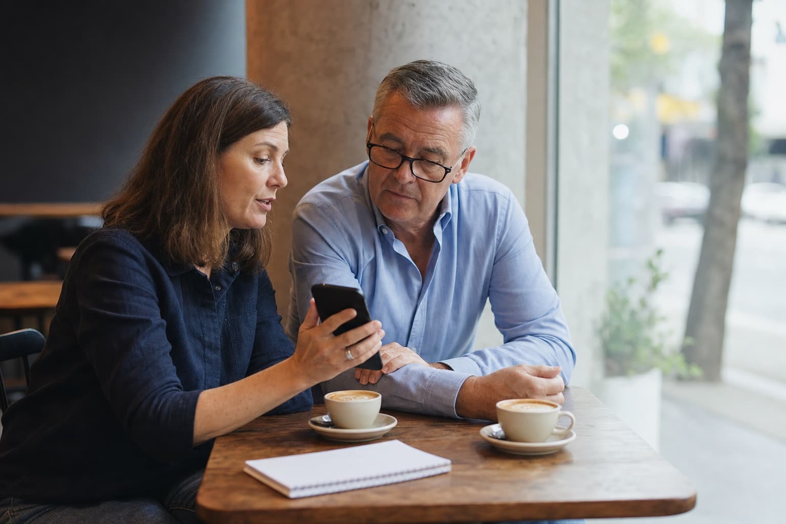 Two colleagues at a cafe, one showing the other a firm found on her phone.