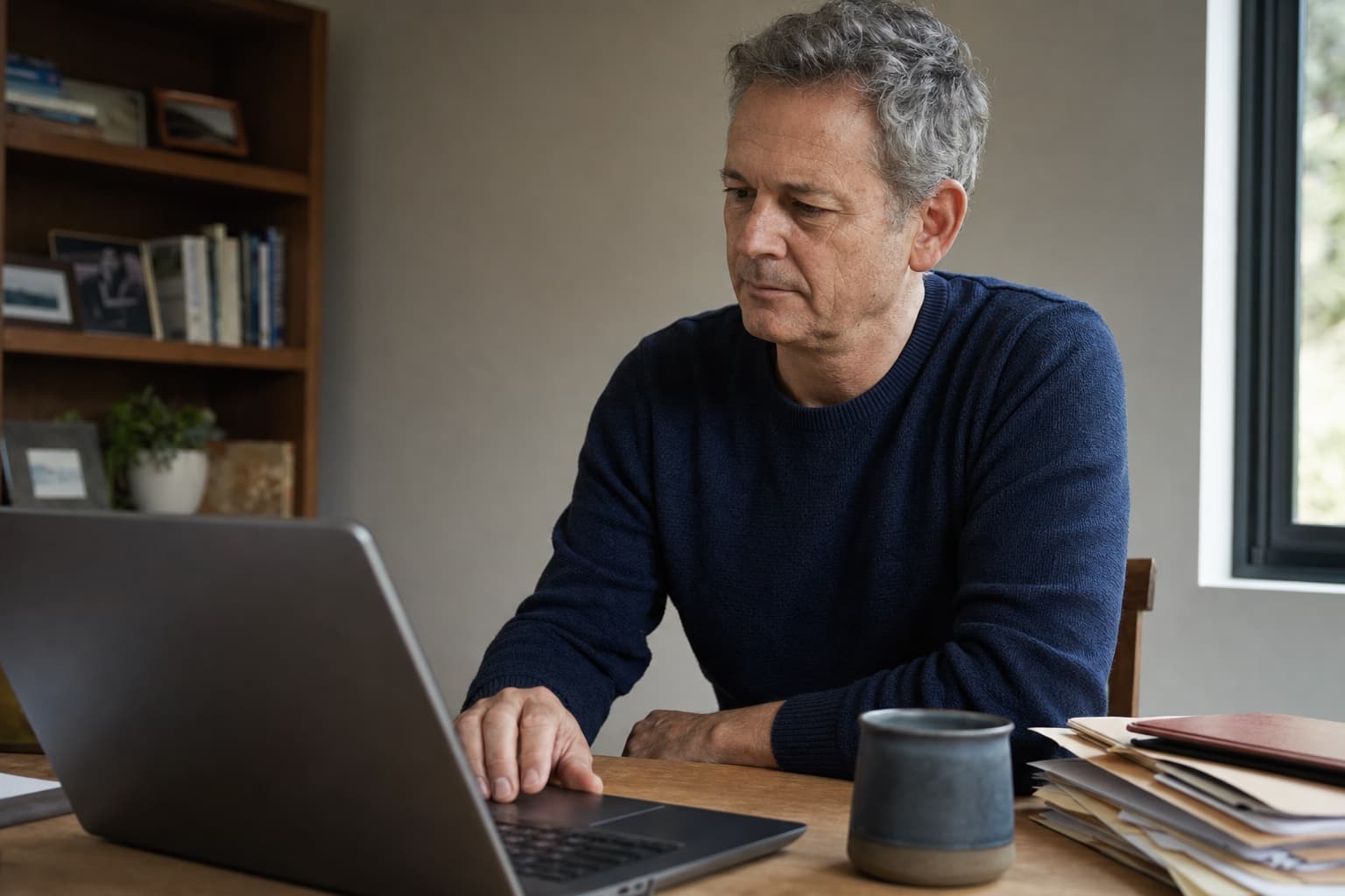A careful reader at a laptop in a tidy home study.