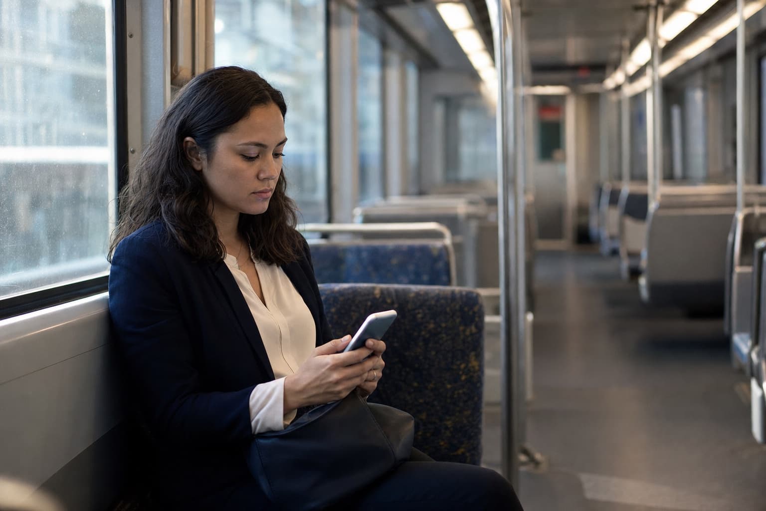 A commuter reading a firm's website on her phone on a Sydney train.