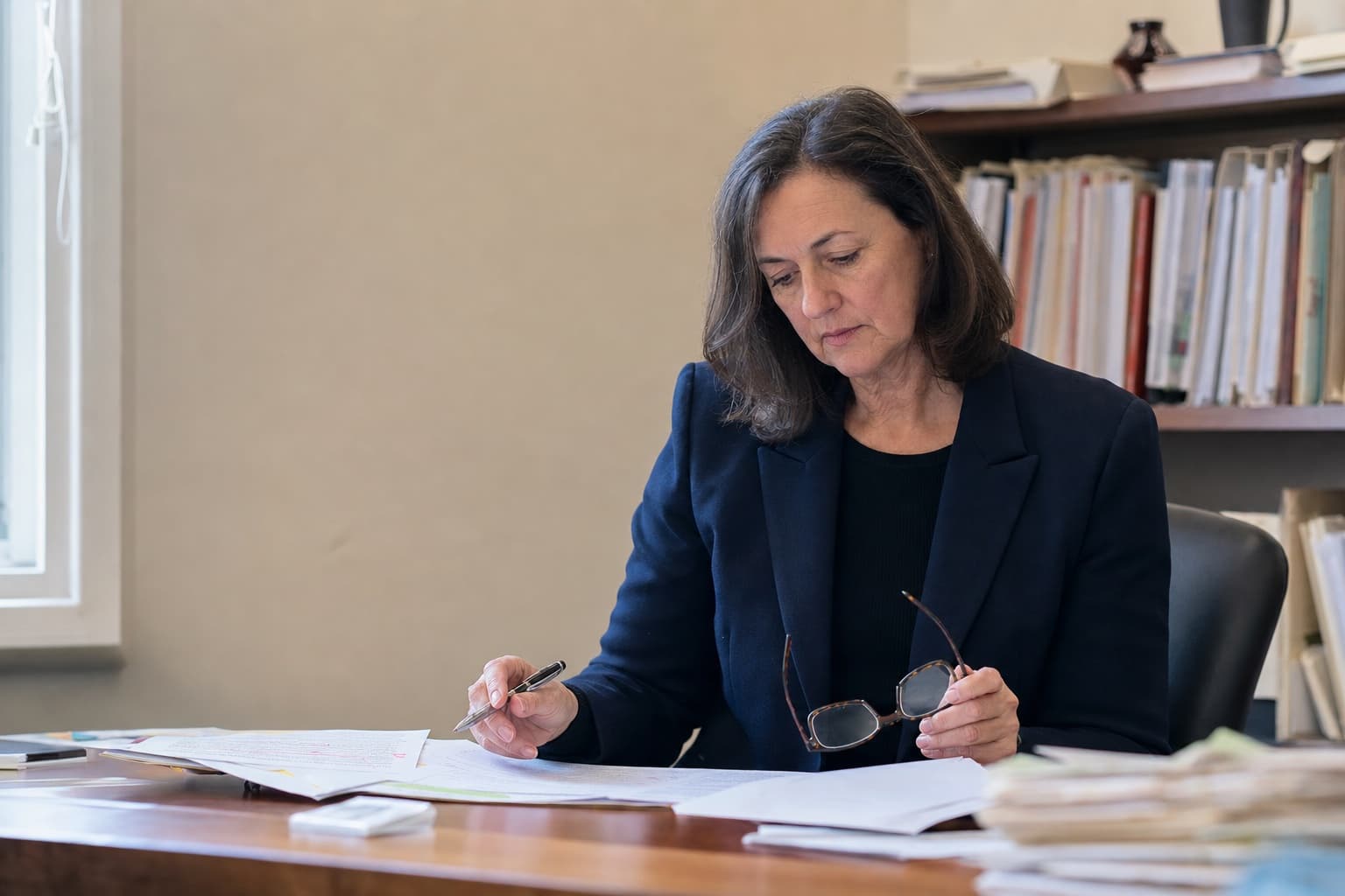 A principal reviewing a marked-up document at her own desk.