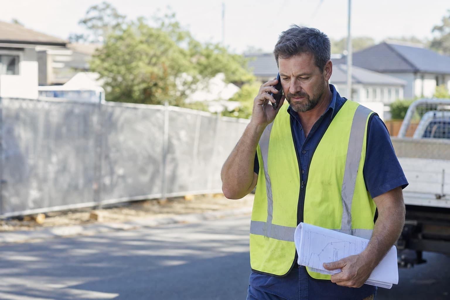 A builder outside a Sydney site, phone to his ear, drawings in hand.