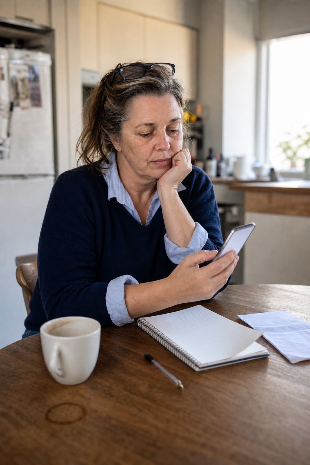 A woman at a kitchen table reading her phone, weighing up a firm she has been given the name of.