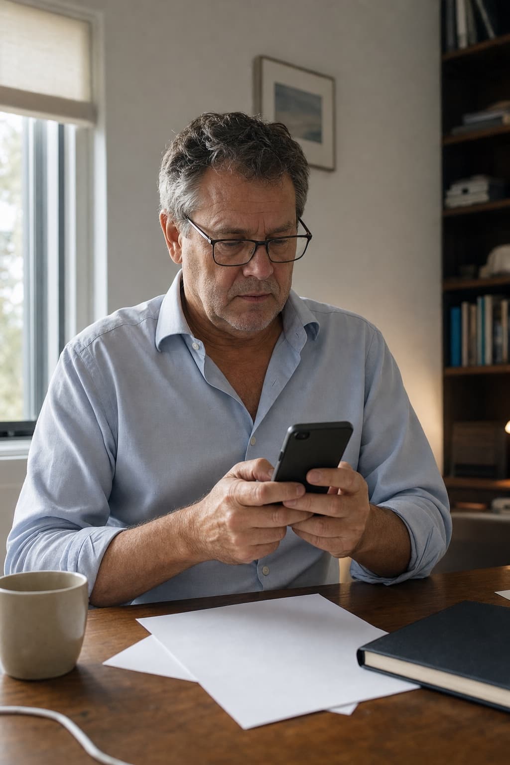 A referred client in his home study, checking the firm on his phone before he decides to make contact.