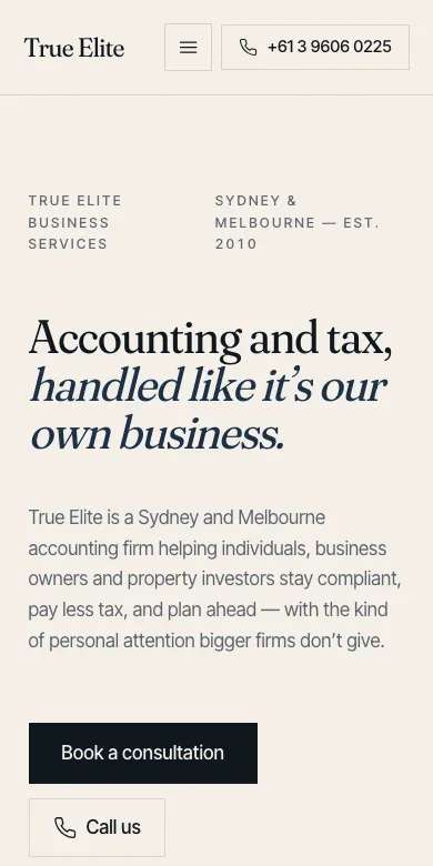 True Elite Business Services website on a phone.