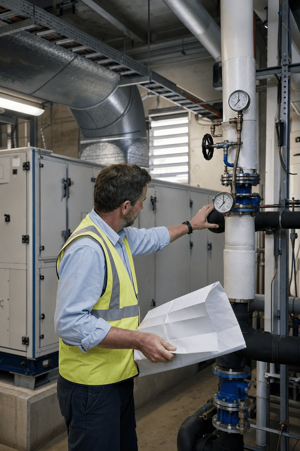 Engineer checking a valve set against a mechanical services drawing in a plant room