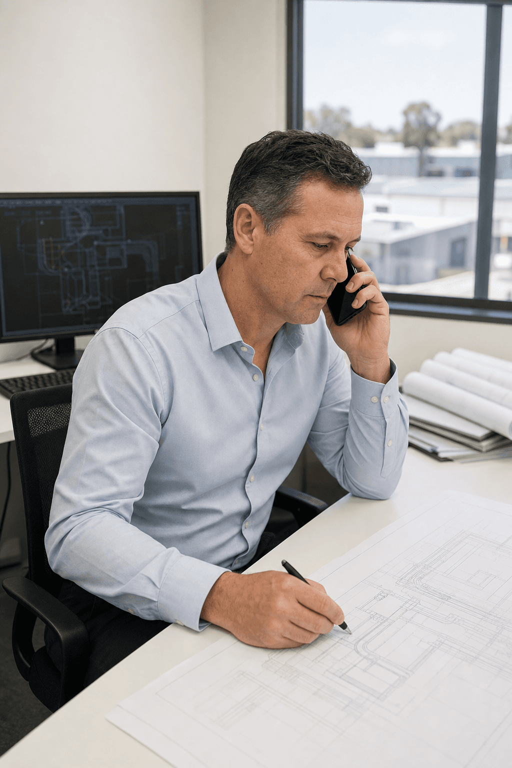 Engineer on a phone call over a mechanical drawing at his desk