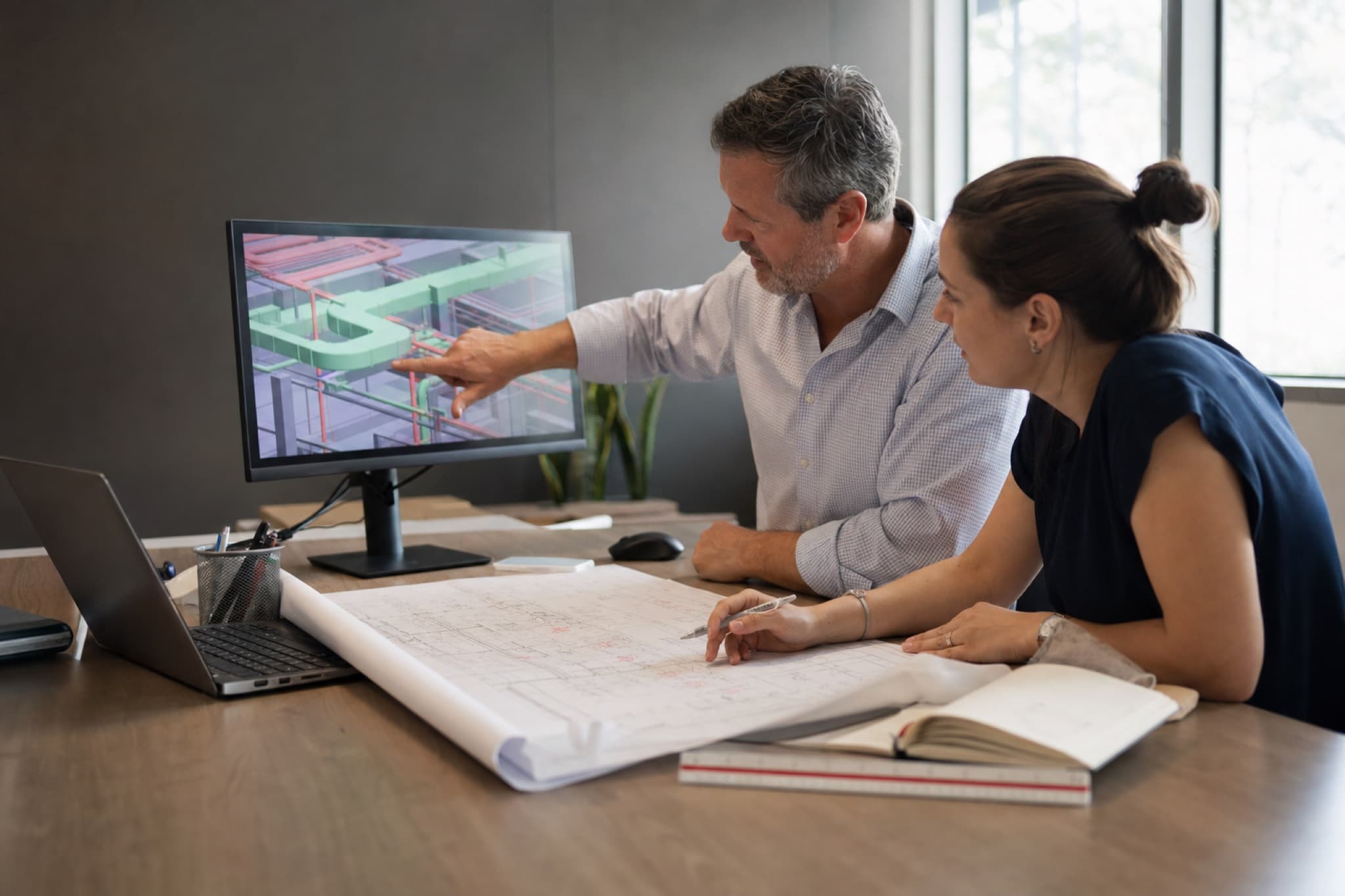 Consulting engineers reviewing a building services coordination model over mechanical drawings