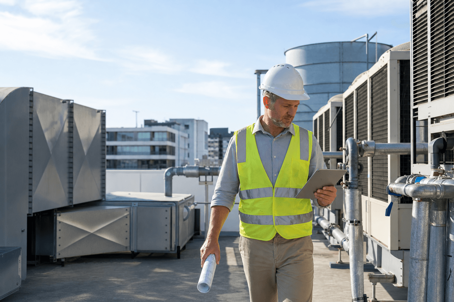 Engineer checking rooftop mechanical plant on a commercial tower