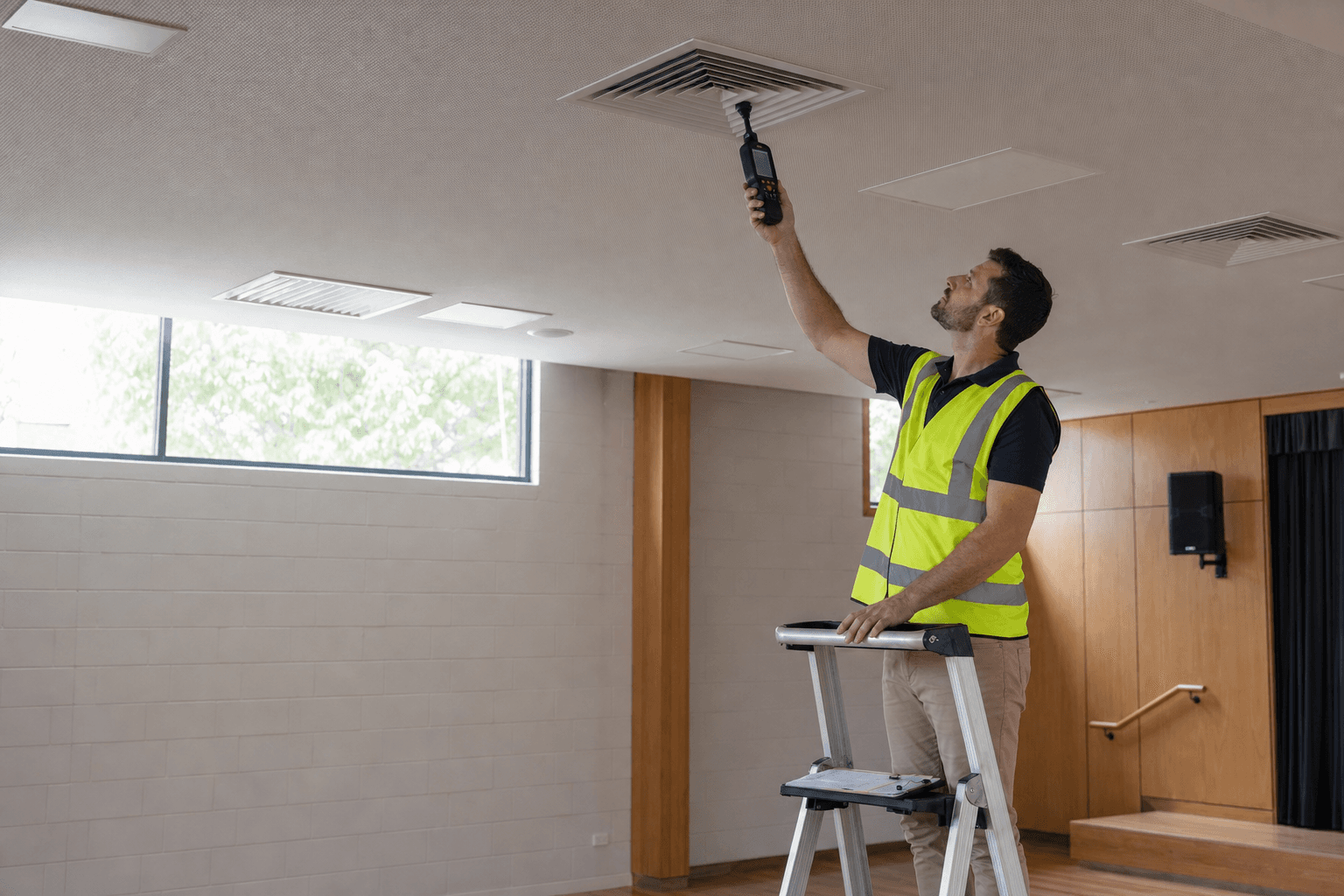 Engineer measuring air flow at a ceiling diffuser in a school hall