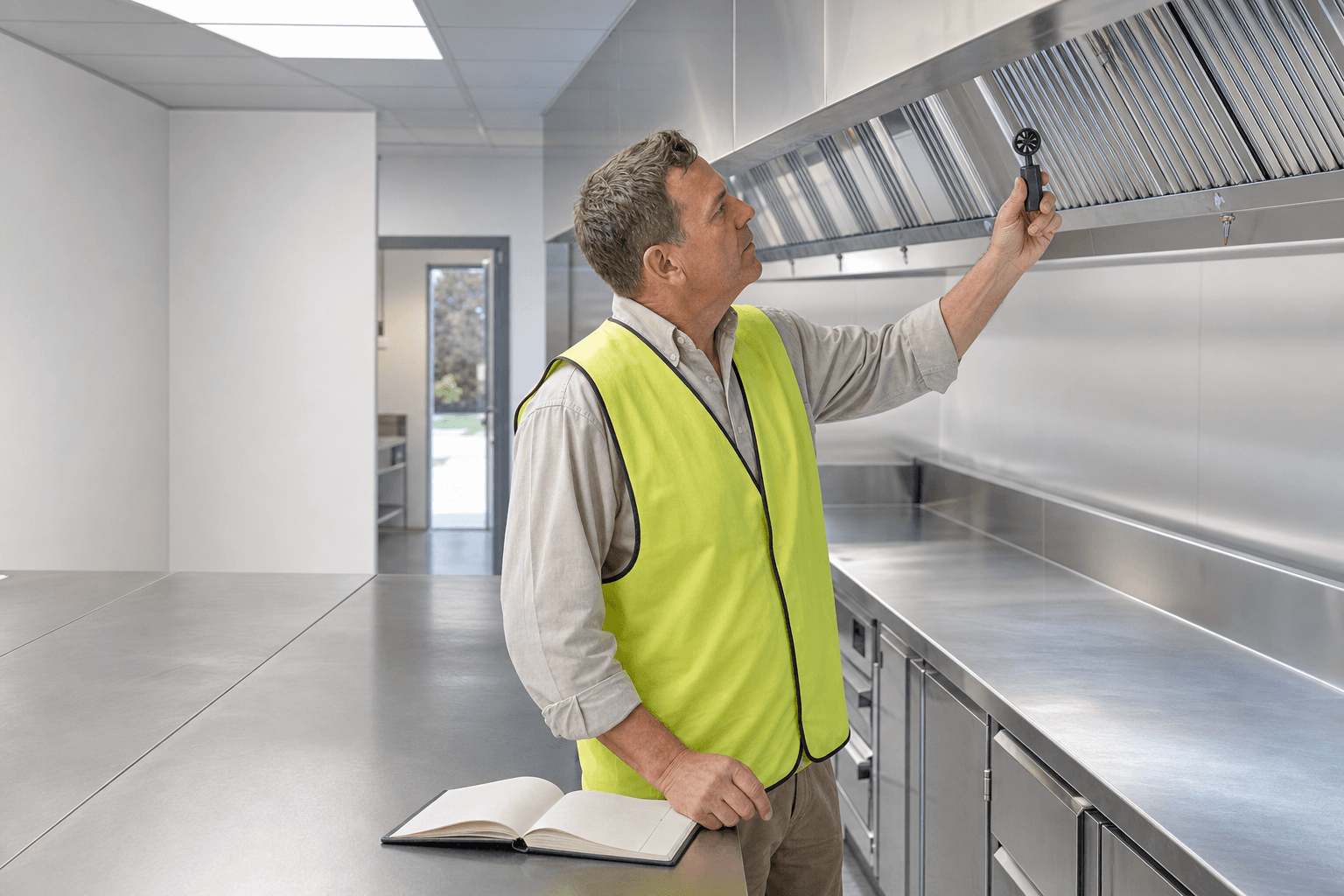 Engineer measuring capture air flow under a commercial kitchen exhaust hood