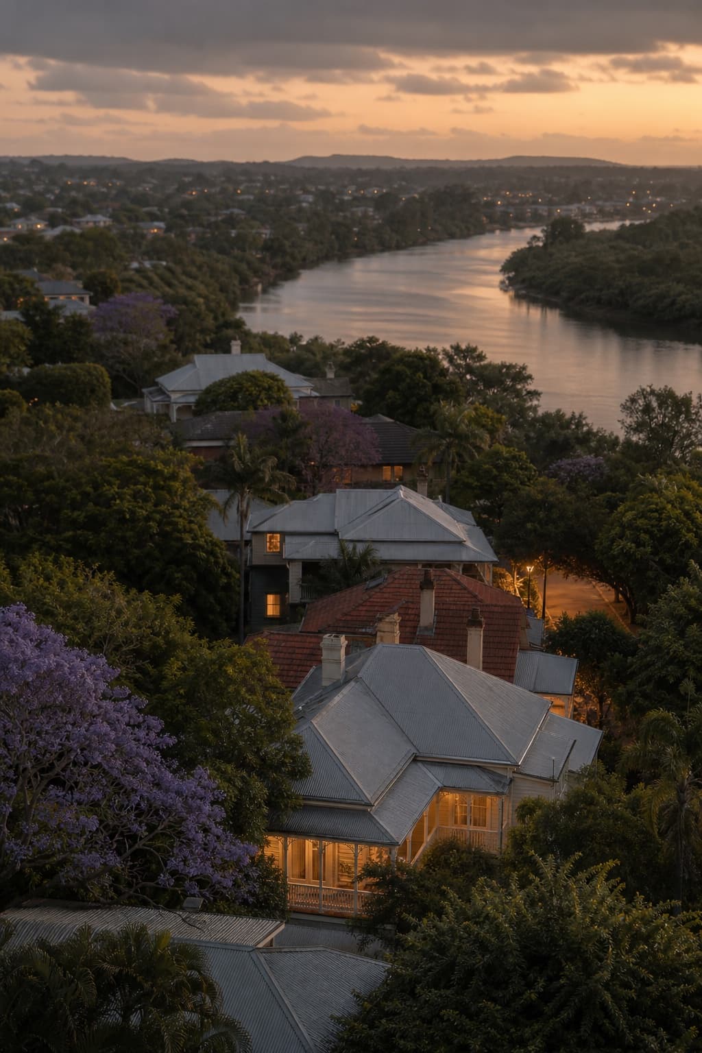 Rooftops and jacarandas along a river bend at dusk, illustrative
