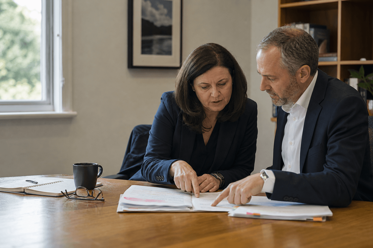Two solicitors reviewing a marked-up document together