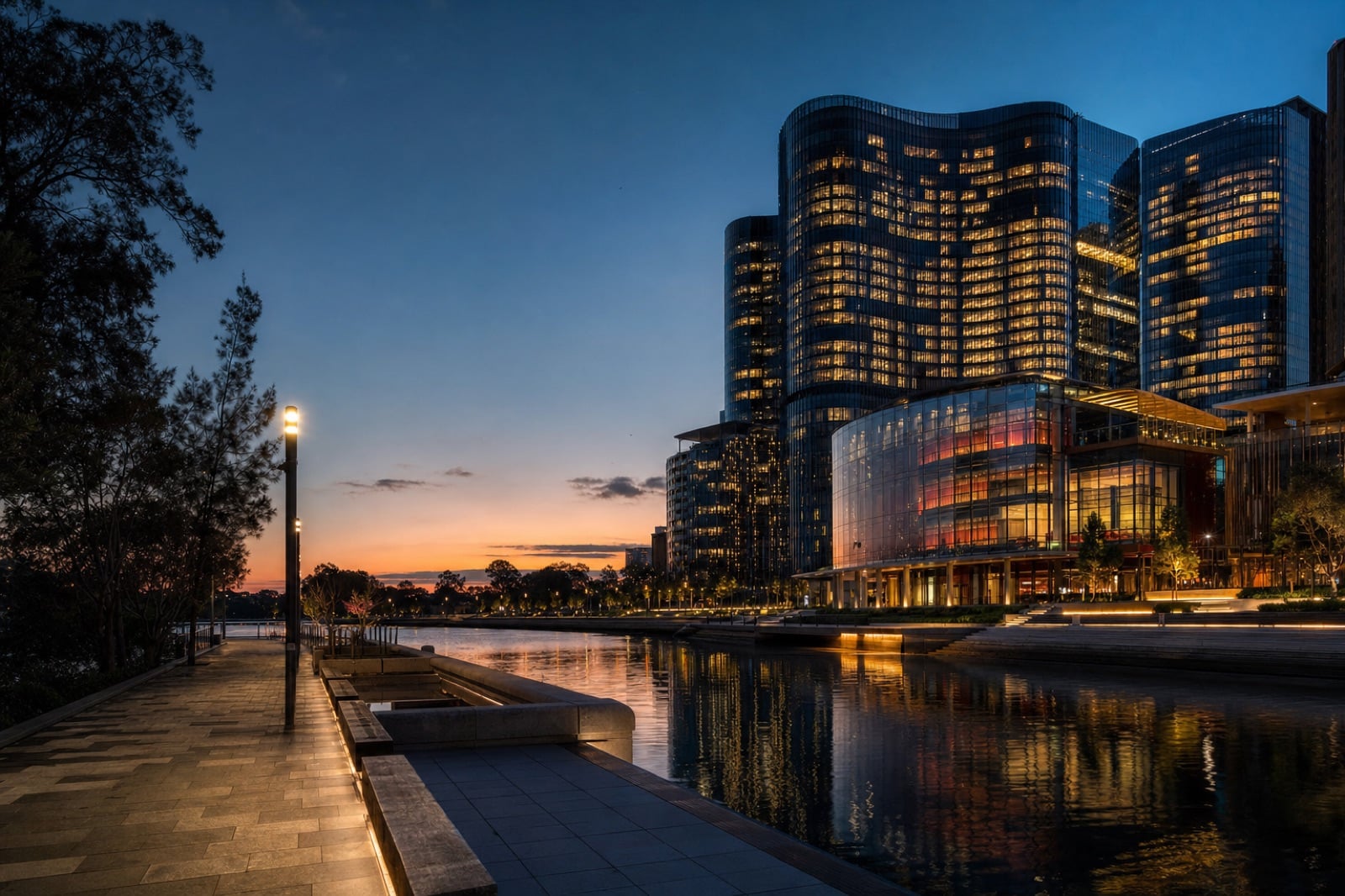 The Parramatta riverfront at dusk, illustrative.