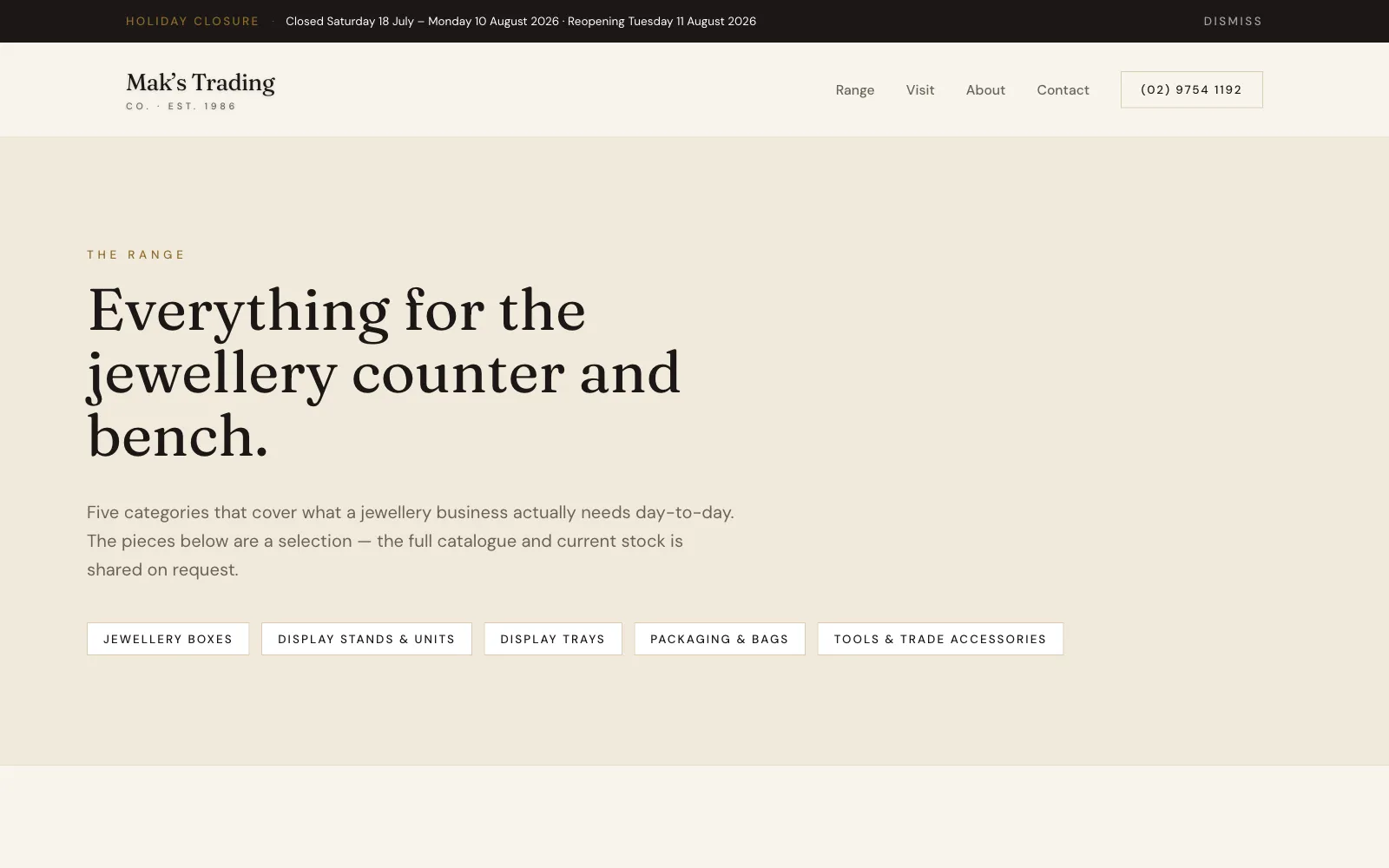 Mak's Trading Co. range page — five categories for the jewellery trade