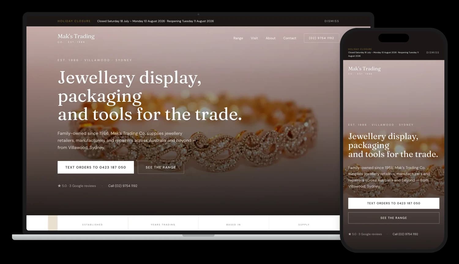 The Mak's Trading Co. website shown on a laptop and a phone