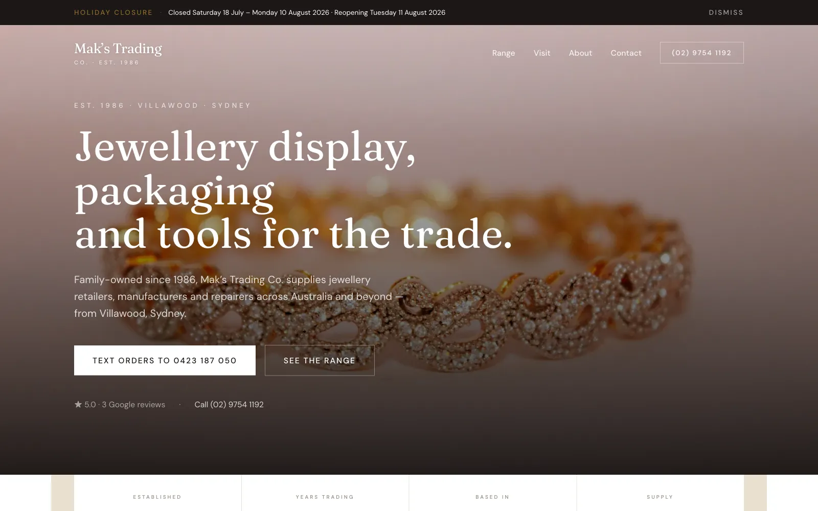 Mak's Trading Co. homepage on desktop — Est. 1986 hero with the jewellery range