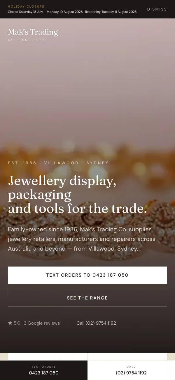 Mak's Trading Co. homepage on mobile