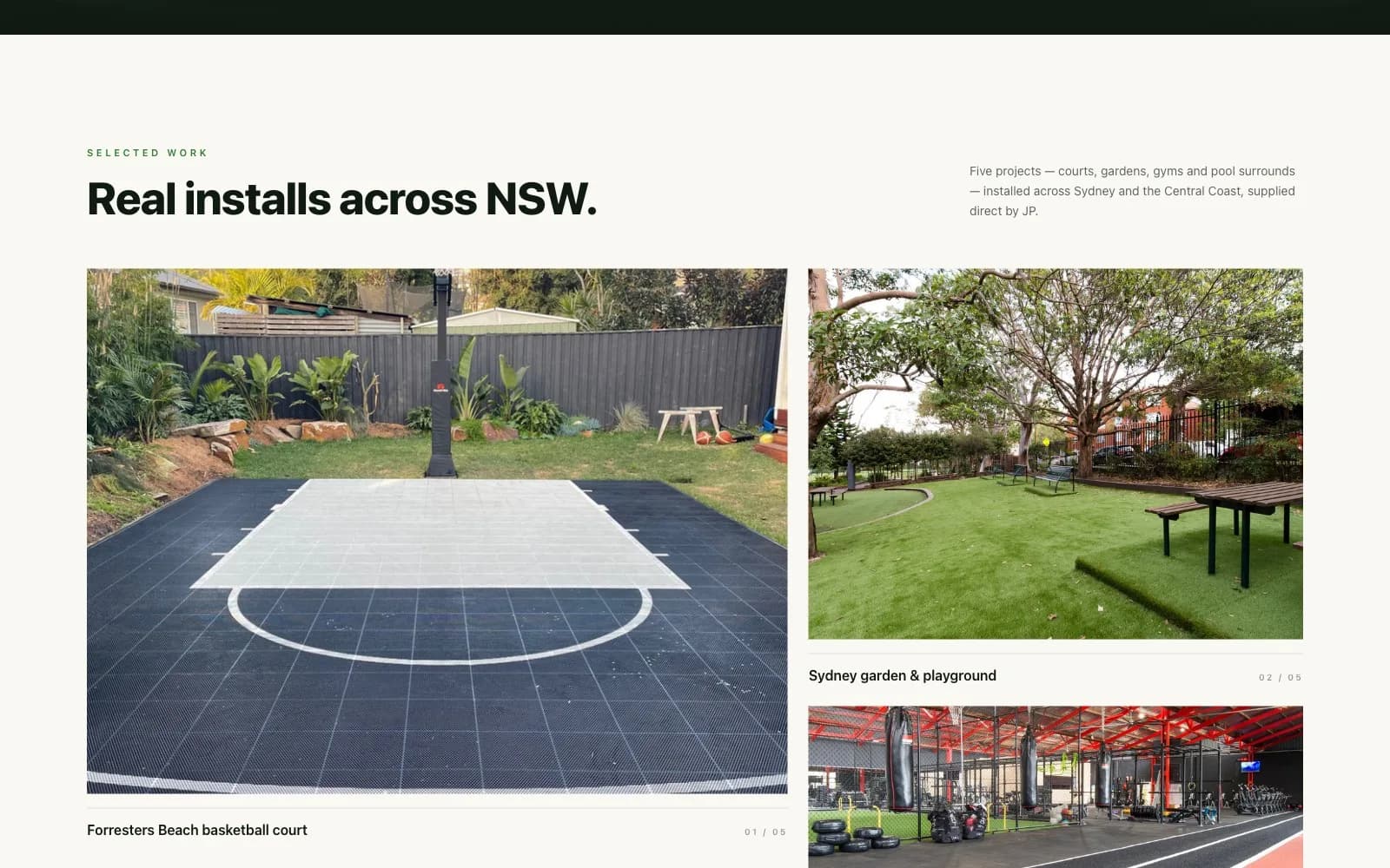 Pro Synthetic Surfaces portfolio — real installs across NSW: a backyard basketball court, a Sydney garden and an indoor gym