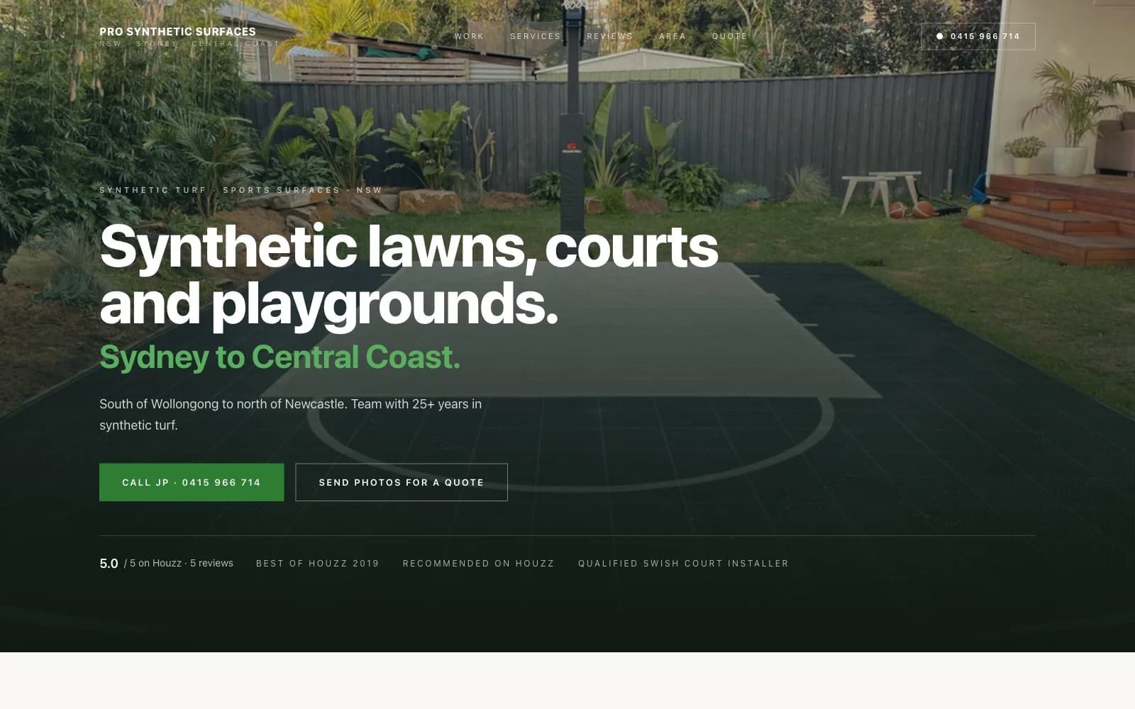 Pro Synthetic Surfaces homepage on desktop — a backyard court hero with the synthetic-turf range