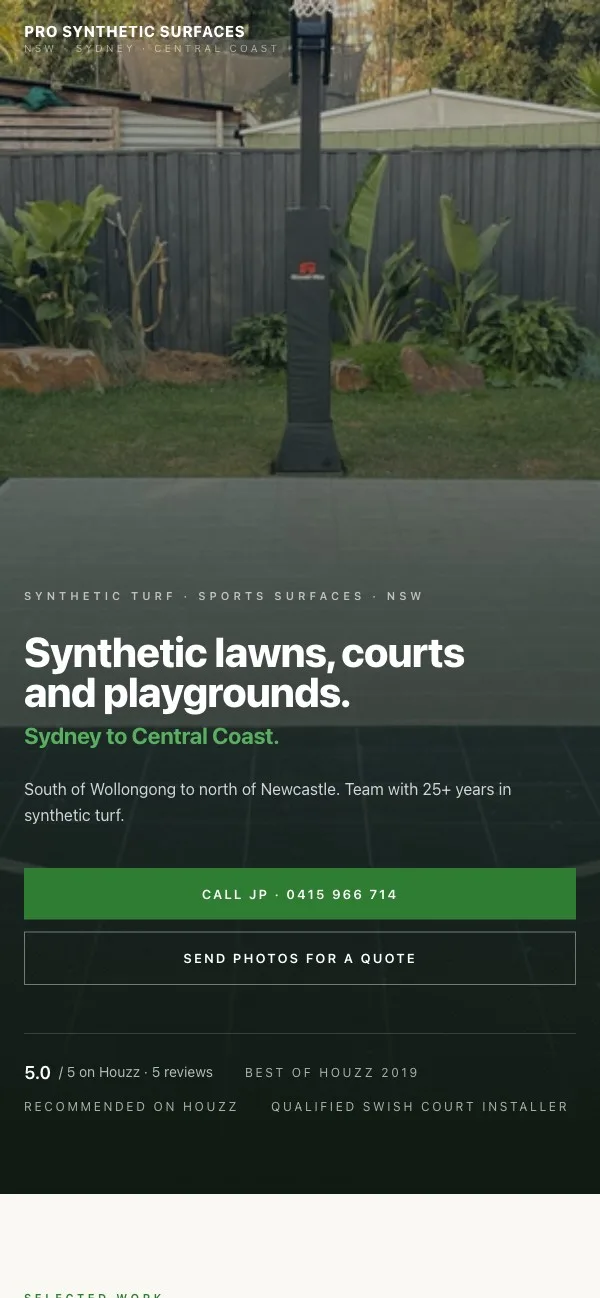 Pro Synthetic Surfaces homepage on mobile