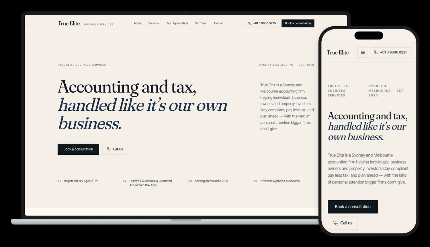 The True Elite Business Services website shown on a laptop and a phone
