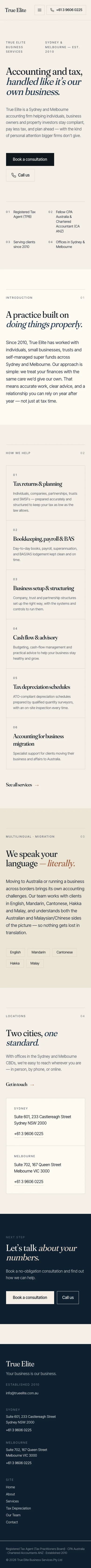 True Elite homepage on mobile — book a consultation and call CTAs